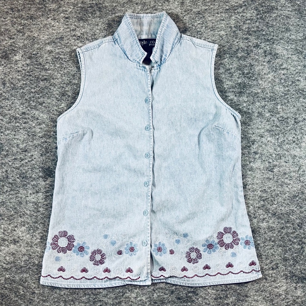 Style & Co Chambray Sleeveless‎ Top Women 6P Floral Embroidered Vintage Style